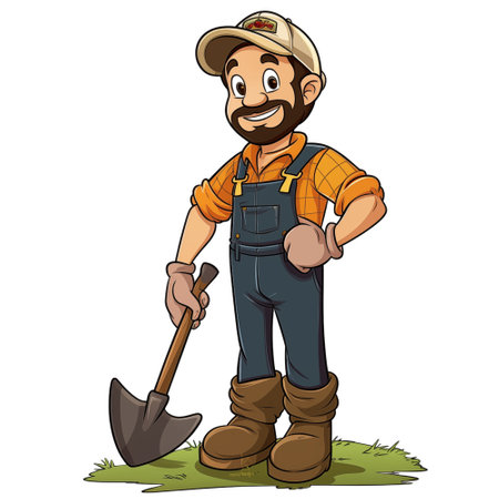 Vector illustration of a cartoon farmer with a shovel on a white backgroundの素材