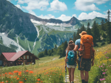 Father and daughter hiking in the mountains. Traveling with children conceptの素材
