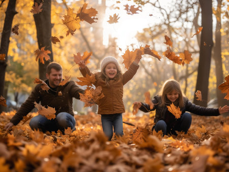 Happy family playing with autumn leaves in the park. The concept of a happy family.の素材