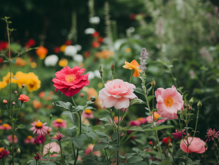 Colorful flowers in the garden on a summer day, vintage style