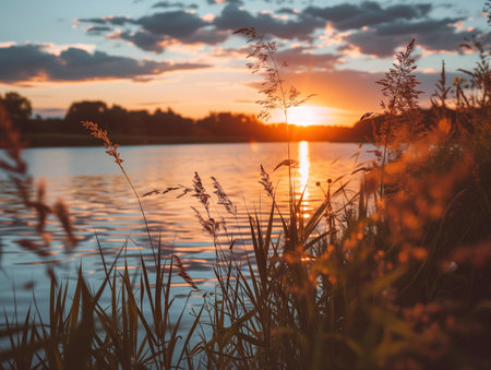 Sunset over the lake with reeds and grass in the foregroundの素材