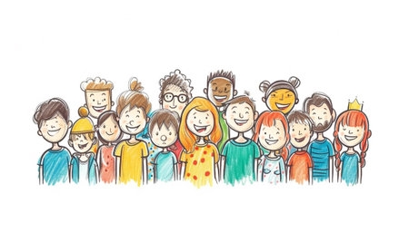 Group of children, boys and girls, hand drawn vector illustration.の素材