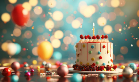 Birthday cake with burning candle on bokeh background, closeupの素材