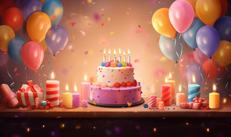 Birthday cake with candles and balloons on wooden background. 3D renderingの素材