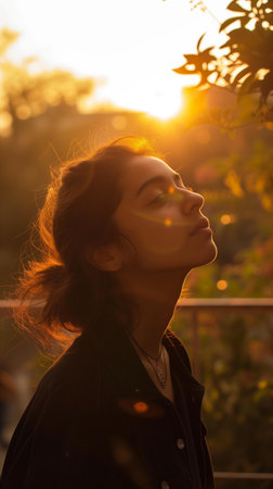 Portrait of a beautiful young asian woman in the sunset.の素材