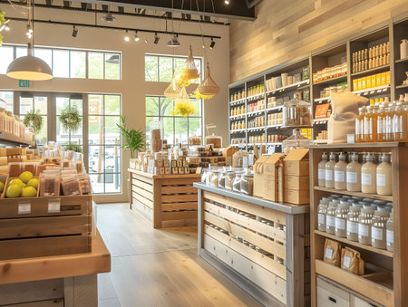 Coffee shop interior with shelves and bottles of coffee and other productsの素材