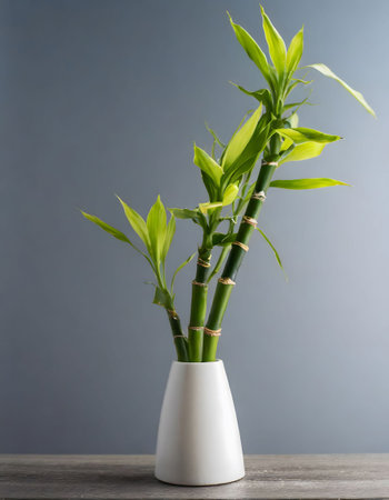 Bamboo plant in white vase on gray background, stock photoの素材