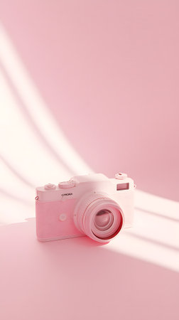 Retro camera on pastel pink background. Minimalism concept.の素材