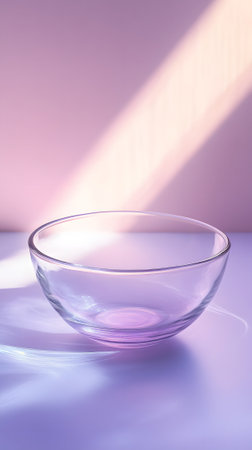 Empty glass bowl on pink and purple background with sunbeam shadow.の素材