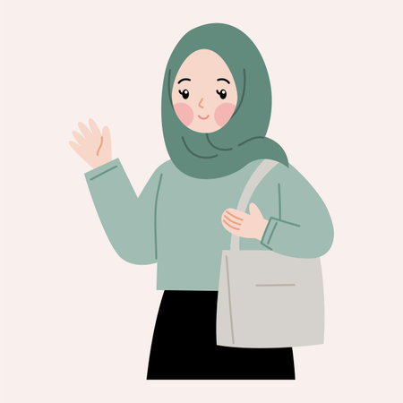 Hijab woman with handbag. Vector illustration in cartoon style.のイラスト素材