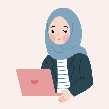 Hijab woman using laptop. Vector illustration in flat style.のイラスト素材