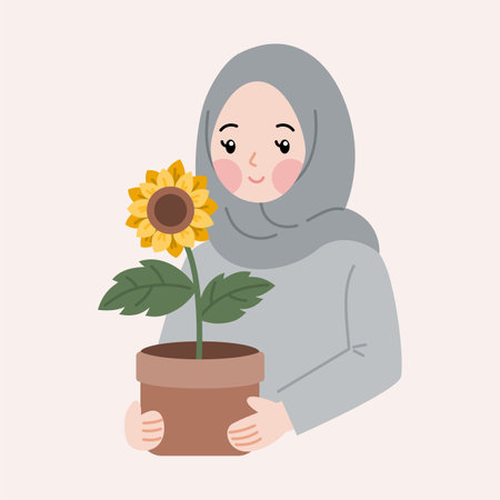 Hijab girl with sunflower in pot. Vector illustration.のイラスト素材
