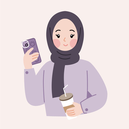 Hijab woman with coffee and mobile phone. Vector illustration.のイラスト素材