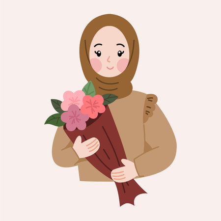 Hijab woman with bouquet of flowers, vector illustration.のイラスト素材