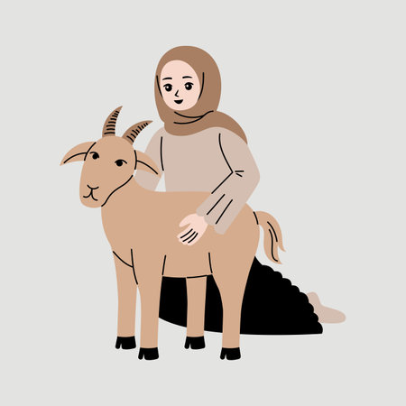 Vector illustration of a girl in a hijab with a goat on a gray backgroundのイラスト素材
