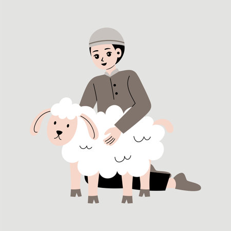 Sheep and farmer. Vector illustration in a flat style on a gray background.のイラスト素材