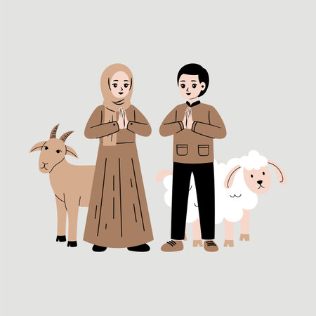 Muslim family with sheep and goat. Vector illustration in flat style.のイラスト素材
