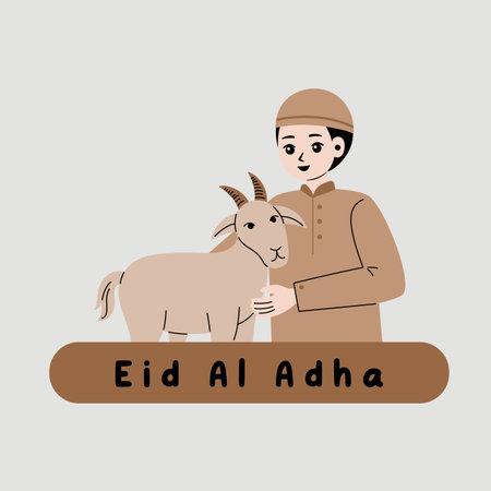 Eid al adha greeting card with man and goat. Vector illustrationのイラスト素材