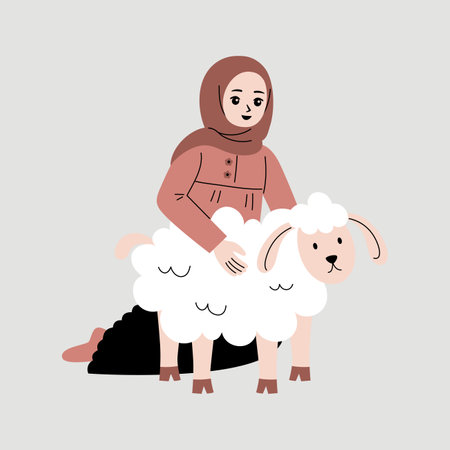 Muslim woman with sheeps. Vector illustration in flat cartoon style.のイラスト素材