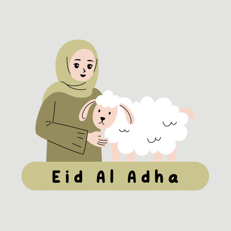 Vector illustration of Eid al Adha greeting card with muslim woman and sheep.のイラスト素材