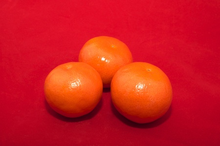three tangerine close up on a red backgroundの写真素材