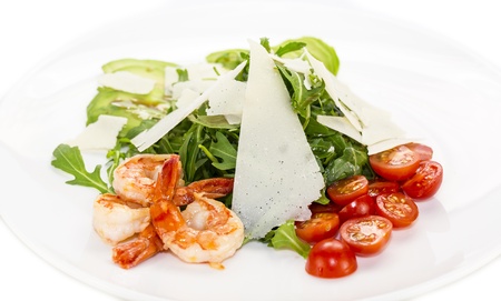 shrimp salad greens and avocado cheese and tomatoesの写真素材