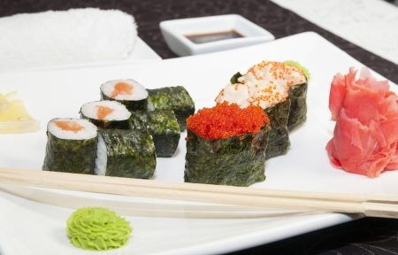 Japanese sushi fish and seafood on white backgroundの写真素材