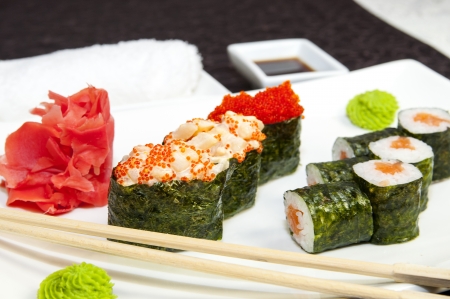 large assortment of sushi, fish and eggs at a Japanese restaurantの写真素材