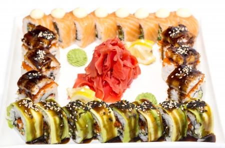 Japanese sushi seafood on a white backgroundの写真素材
