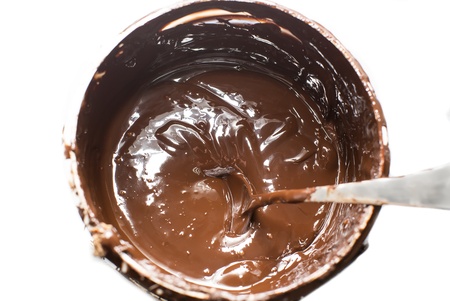 bucket with chocolate and spoon on a white background