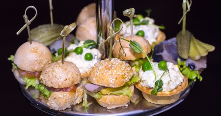 canape with meat vegetables and seafoodの写真素材