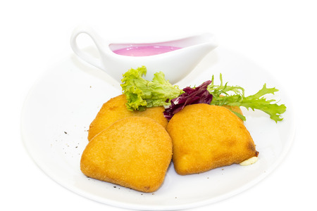 grilled cheese with sauce on a white backgroundの写真素材