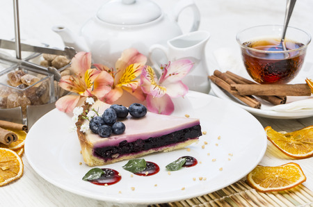 piece of blueberry pie on a table in a restaurantの写真素材