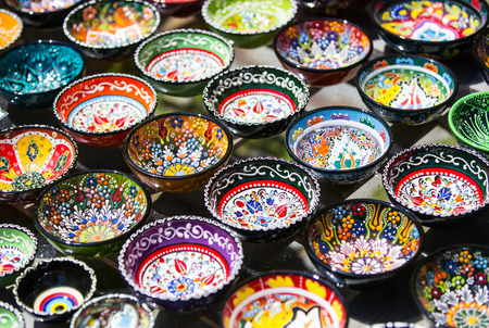 Painted pottery traditional turkey markets dish bowlsの写真素材