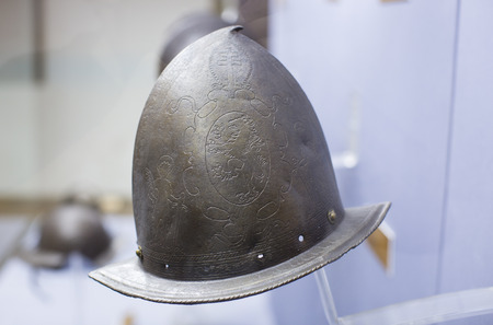 ISTANBUL, TURKEY - OCTOBER 14, 2015: Metal helmet of the medieval knightt. Museum Military, Istanbul, Turkeのeditorial素材