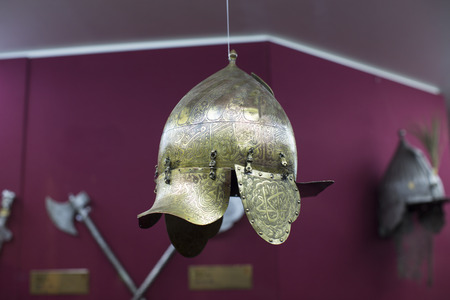 ISTANBUL, TURKEY - OCTOBER 14, 2015: Metal helmet of the medieval knightt. Museum Military, Istanbul, Turkeのeditorial素材