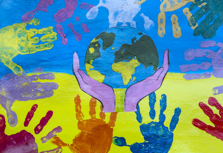 KHARKIV, UKRAINE - JUNE 9, 2016: Voyages for groups of children drawings of city Kharkiv on "CHILDREN AGAINST THE WAR". The composition exhibited in the central squareのeditorial素材