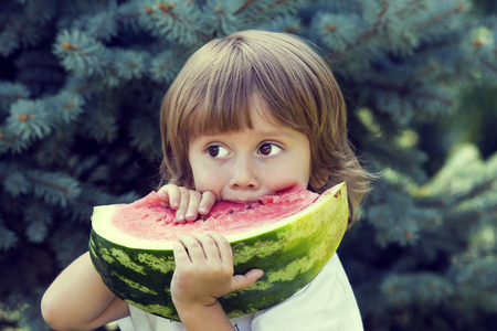 Boy eating watermelonの写真素材