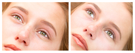Woman on the procedure for eyelash extensions, eyelashes lamination