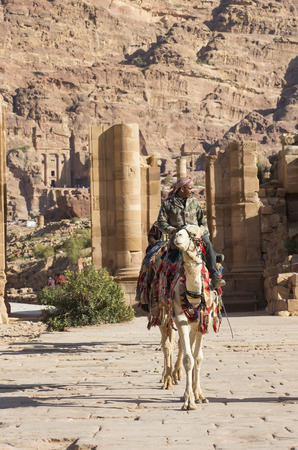 JORDAN, Ancient Petra - 10 JANUARY 2017: Tourist complex of the ancient city of Petra with tourists and locals: JANUARY 10, 2017 in Jordan. Ancient Petraのeditorial素材