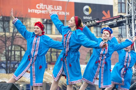 KHARKOV, UKRAINE- FEBRUARY 26, 2017: Traditional celebration carnival costume show in the town square.Kharkov. Ukraine-2017のeditorial素材