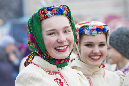KHARKOV, UKRAINE- FEBRUARY 26, 2017: Traditional celebration carnival costume show in the town square.Kharkov. Ukraine-2017のeditorial素材