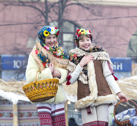 KHARKOV, UKRAINE- FEBRUARY 26, 2017: Traditional celebration carnival costume show in the town square.Kharkov. Ukraine-2017のeditorial素材