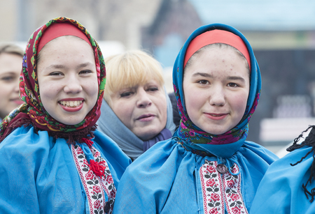 KHARKOV, UKRAINE- FEBRUARY 26, 2017: Traditional celebration carnival costume show in the town square.Kharkov. Ukraine-2017のeditorial素材
