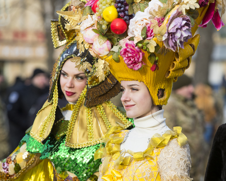 KHARKOV, UKRAINE- FEBRUARY 26, 2017: Traditional celebration carnival costume show in the town square.Kharkov. Ukraine-2017のeditorial素材