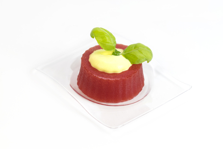 Mini canape with elements of molecular kitchen on white backgroundの写真素材