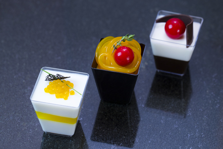 Molecular cuisine dishes in plastic buffetの写真素材