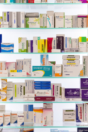 MARMARIS, TURKEY - 1 MAY, 2017: Pharmacy cabinets with medicines and drugs tablets and food additivesのeditorial素材