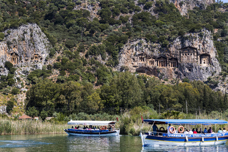 TURKEY, MUGLA, DALYAN, - 5 MAY, 2017: The Dalyan River with tourist boats in the straits of the riverのeditorial素材
