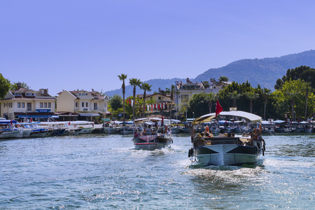 TURKEY, MUGLA, DALYAN, - 5 MAY, 2017: The Dalyan River with tourist boats in the straits of the riverのeditorial素材